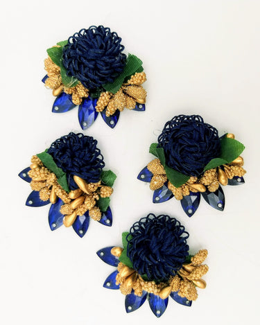 Handmade Navy Blue Floral Applique with Beads, Flower Motifs x 3